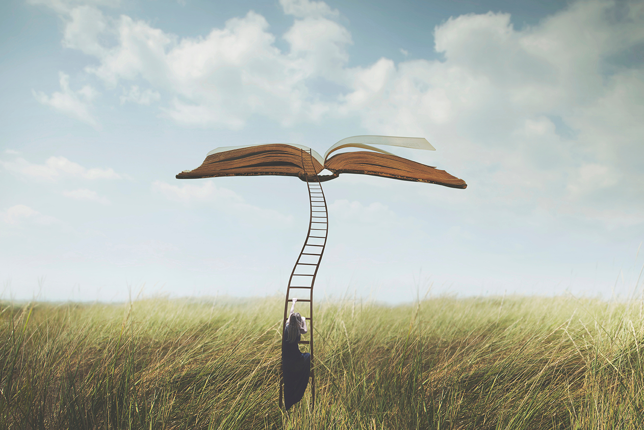 success concept, surreal woman climbs a strange ladder to reach an open book suspended in the sky