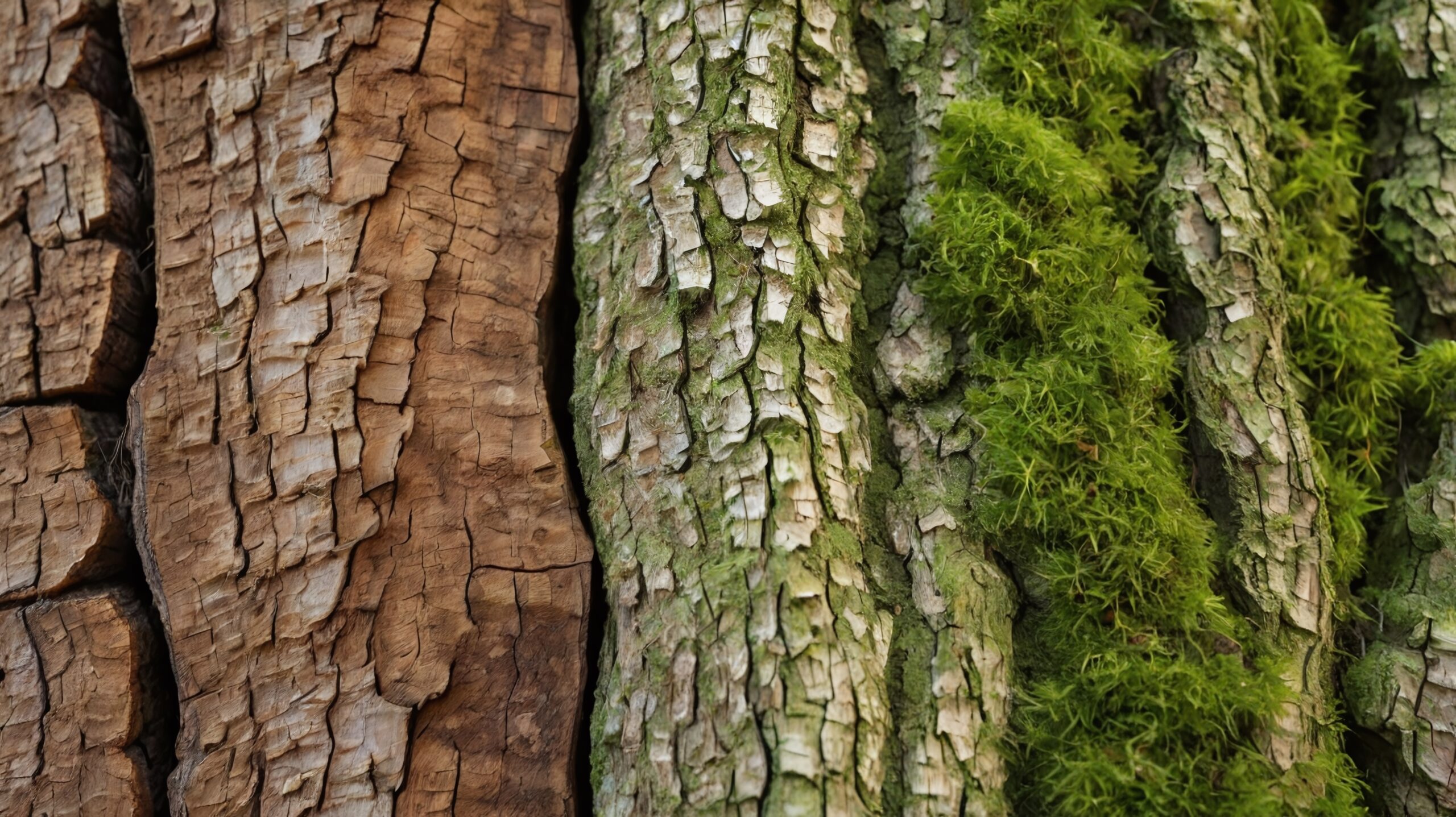 Close-up of natural tree bark showing deep cracks, rough, surface, organic aging, environmental exposure and patches of green moss. Perfect for nature backgrounds or texture mapping